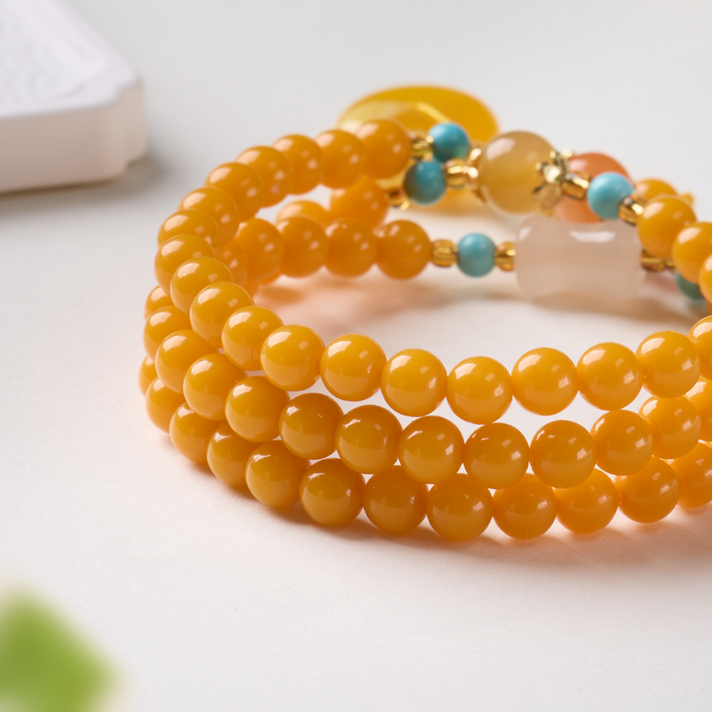 Golden Simulated Amber 108 Bead Wrap Bracelet