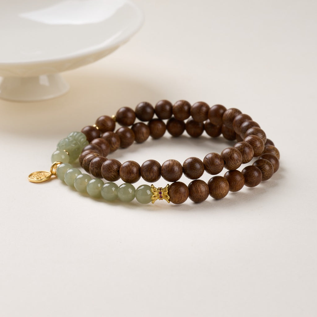 Sandalwood & Hetian Jade Double-Wrap Bracelet
