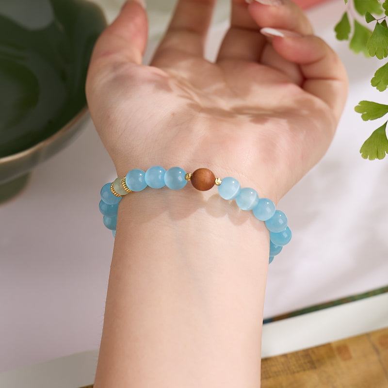 Ice Blue Cat's Eye & Sandalwood Bracelet
