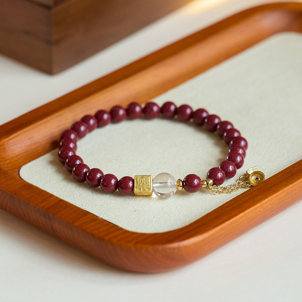 Cinnabar & White Crystal Ruyi Lock Bracelet