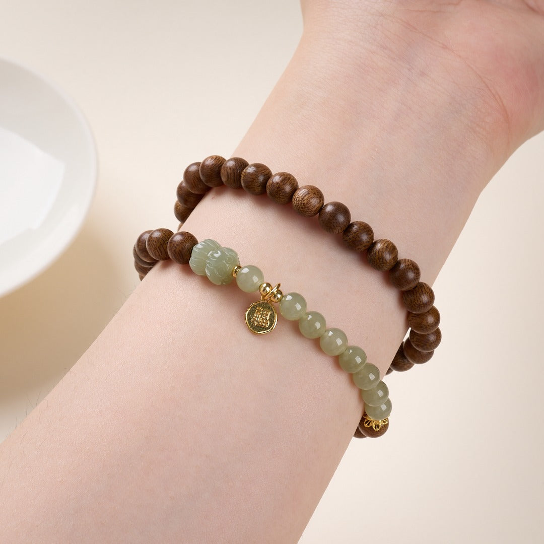 Sandalwood & Hetian Jade Double-Wrap Bracelet