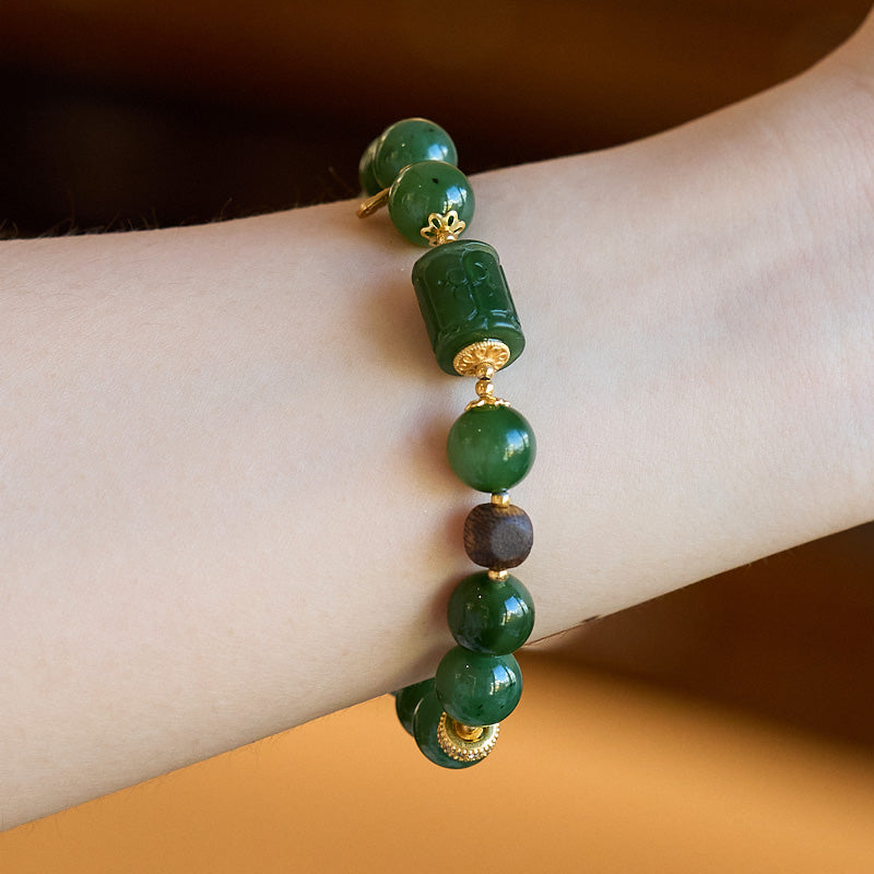 Spinach Green Hetian Jasper & Wood Bracelet