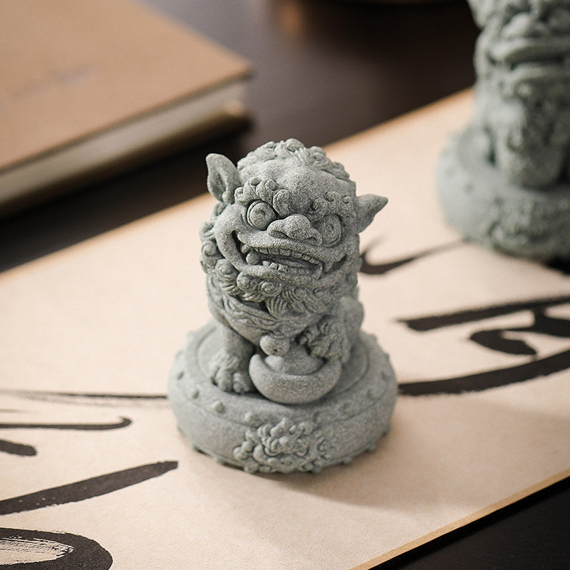 Joyful Green Sandstone Tang Guardian Lions