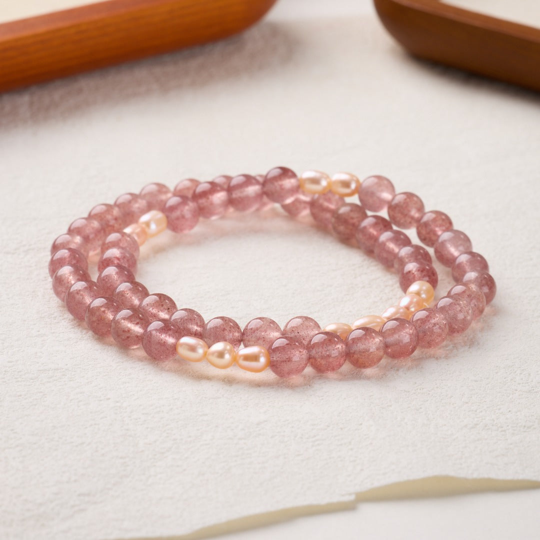 Strawberry Quartz & Pearl Double Loop Bracelet