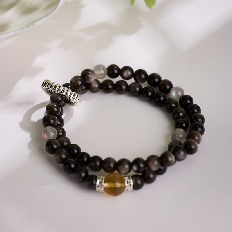 Silver Obsidian & Citrine Double Loop Bracelet