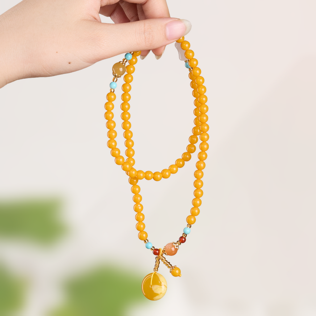 Golden Simulated Amber 108 Bead Wrap Bracelet