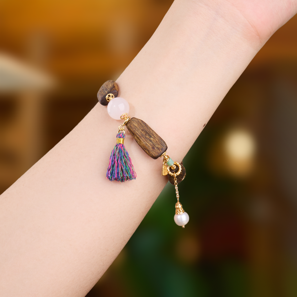 Agarwood, Jade & Rose Quartz Tassel Bracelet