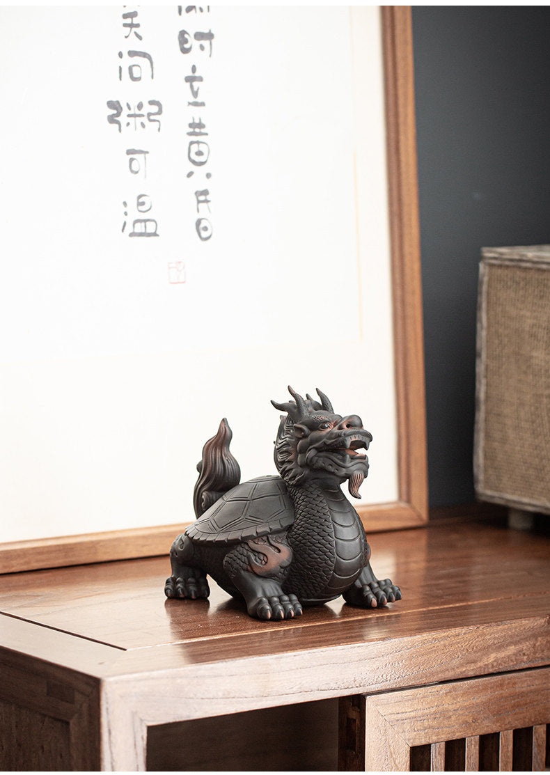 Obsidian Black Pottery Dragon Turtle Guardian