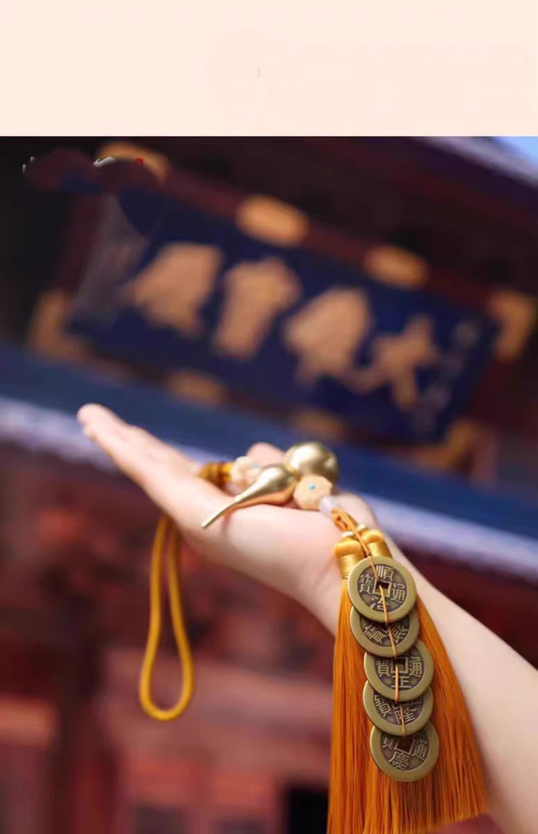 Brass Gourd & Five Emperor Coins Hanging Ornament