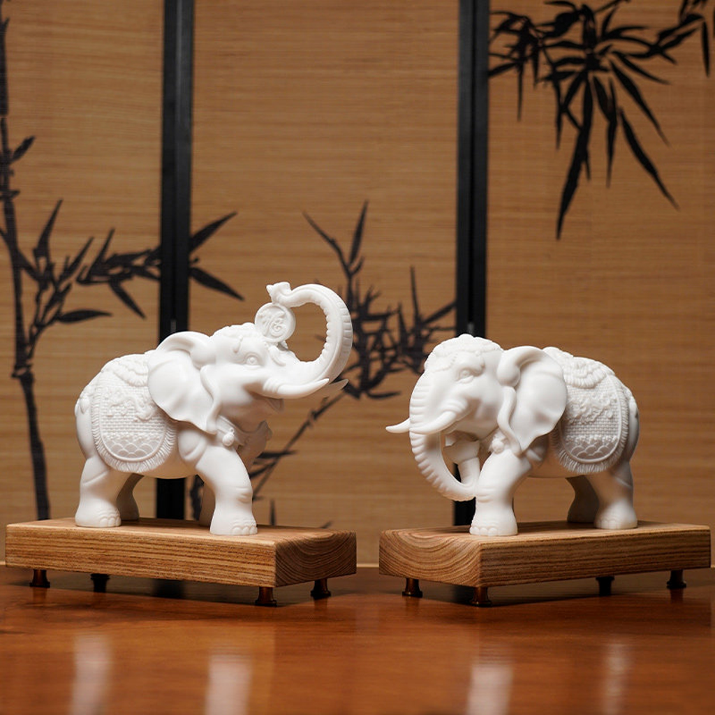 "Gather & Guard" White Marble Elephant Pair