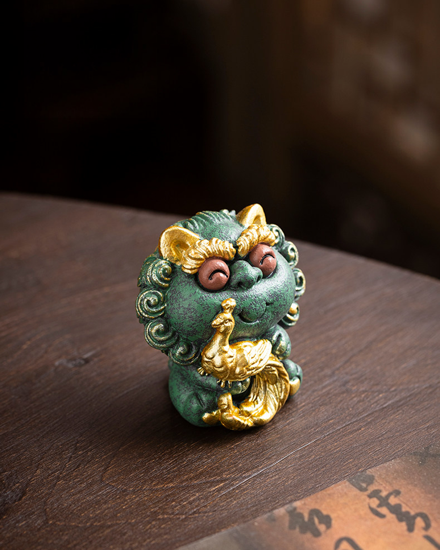 Five Blessings Jade Green Feng Shui Lion Set