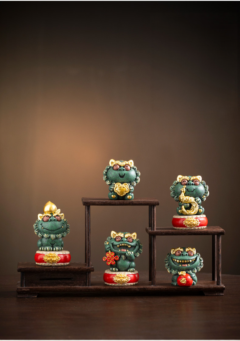 Five Blessings Jade Green Feng Shui Lion Set