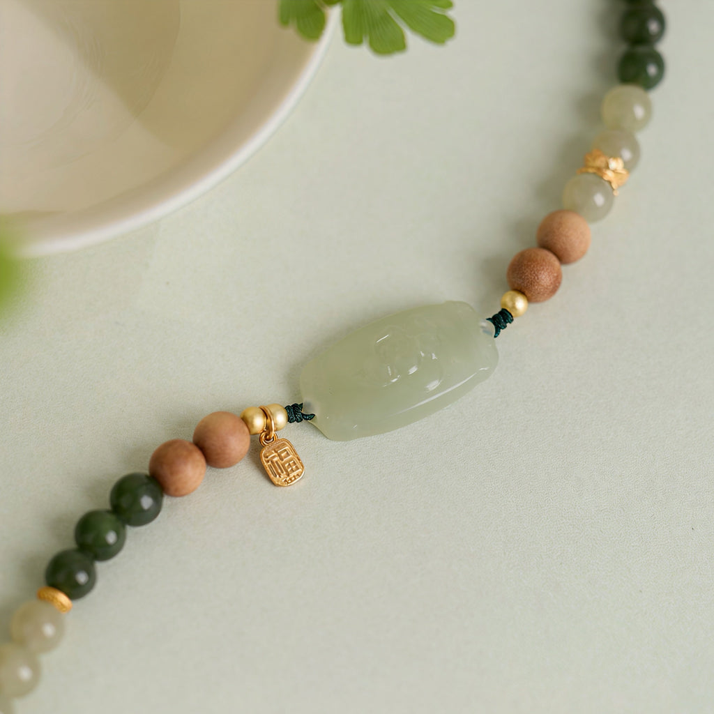 Hetian Jade Lotus & Sandalwood Gold Vermeil Bracelet