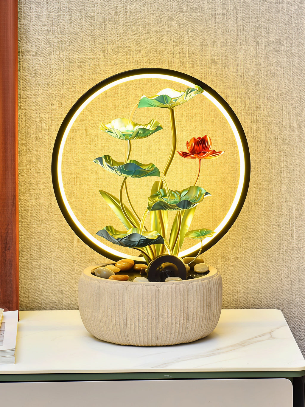 Zen Lotus Cascade Fountain with LED Halo Light