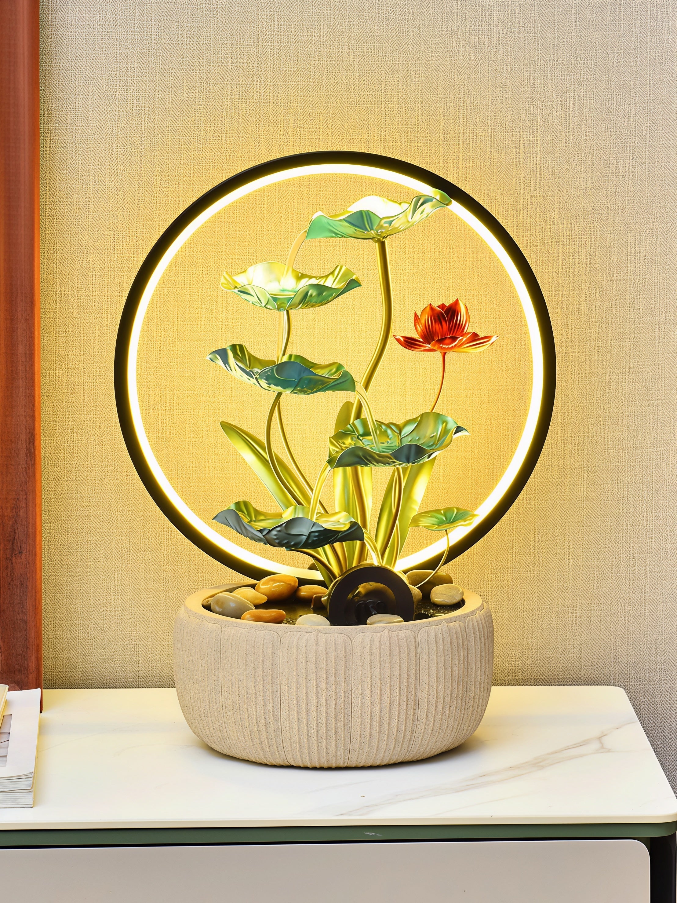 Fontaine Cascade Lotus Zen avec lumière halo LED