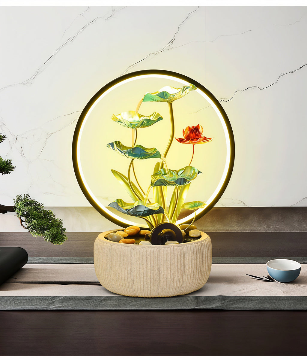 Zen Lotus Cascade Fountain with LED Halo Light