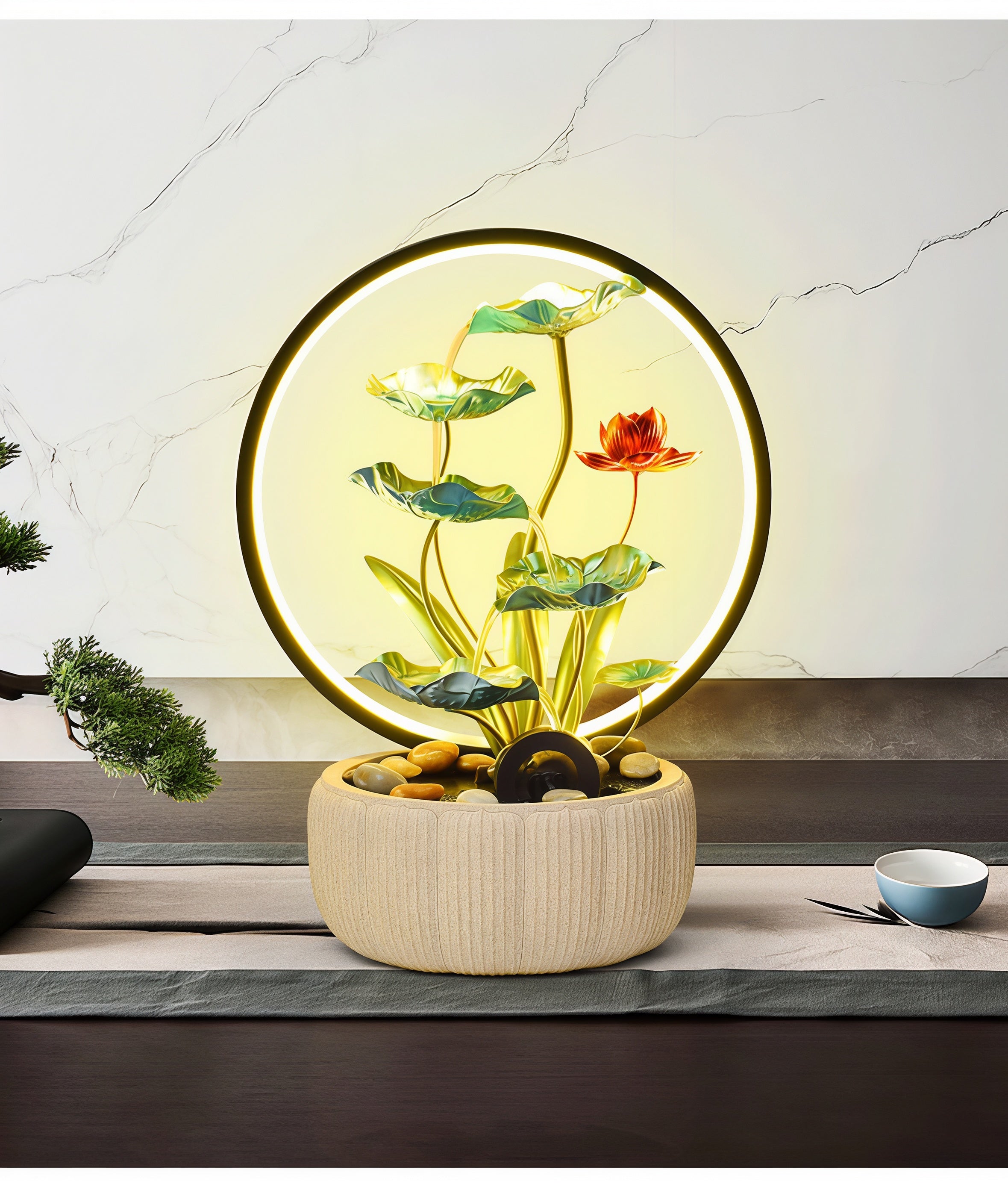 Fontaine Cascade Lotus Zen avec lumière halo LED