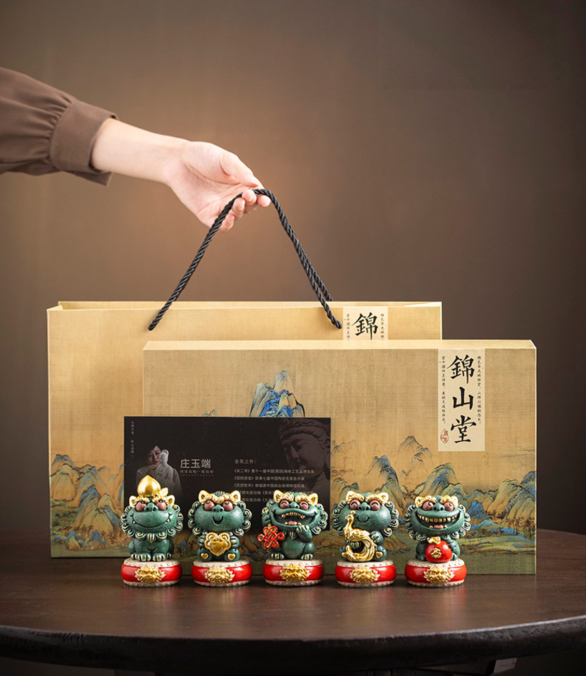 Five Blessings Jade Green Feng Shui Lion Set