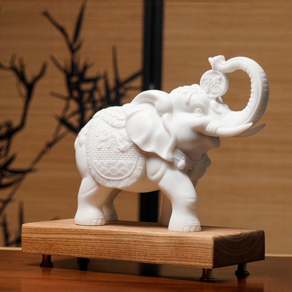 "Gather & Guard" White Marble Elephant Pair