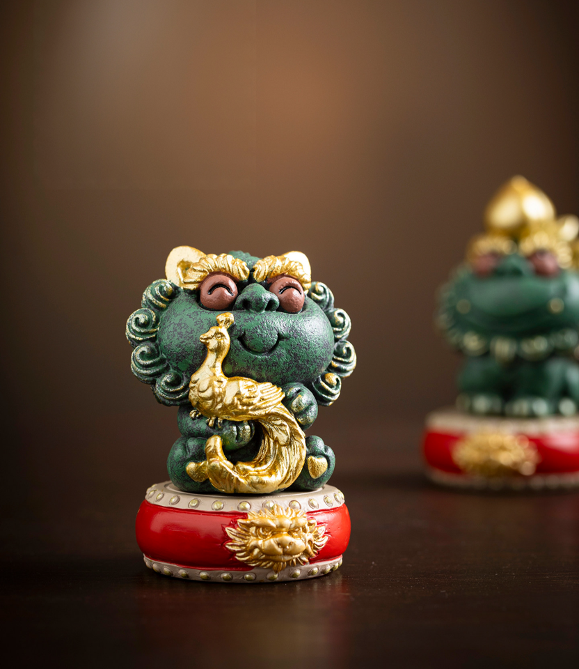 Five Blessings Jade Green Feng Shui Lion Set